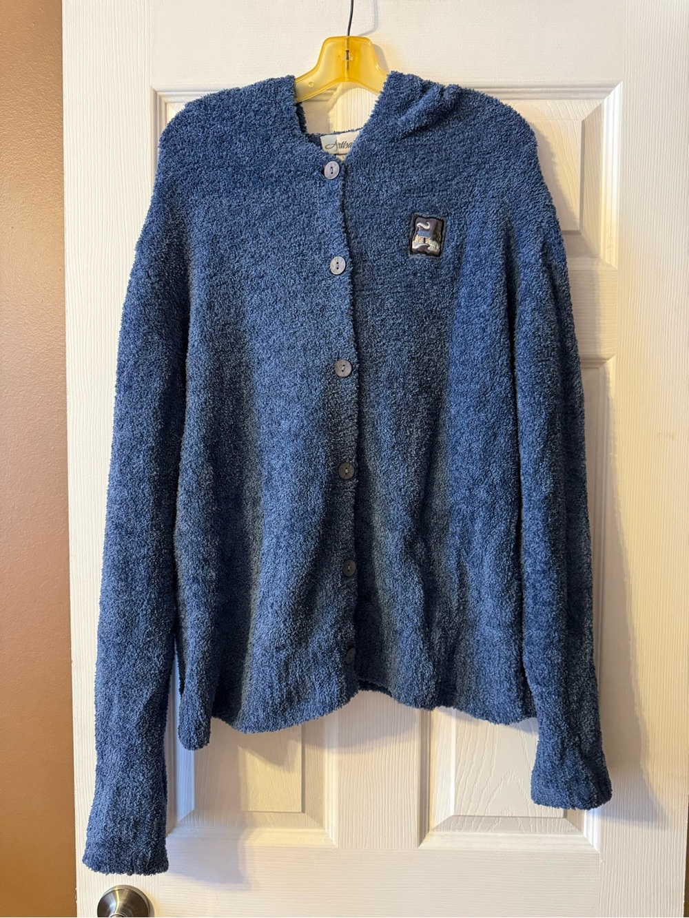 Vintage Artisans Blue Hooded Boucle Knit Cardigan Sweater